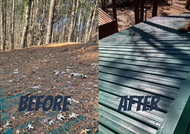 Before and after photos: a metal roof covered in leaves, then clean after a cleaning.