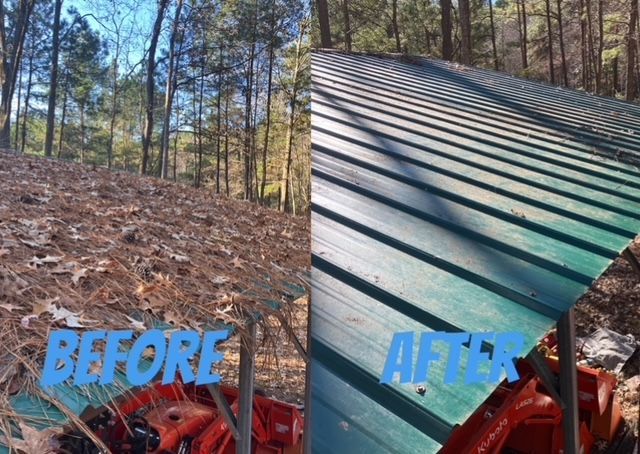 Before and after of a metal roof cleaning. Green roof covered in leaves before, clean green roof after.