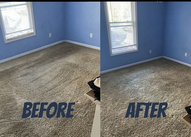 Before and after comparison of a carpeted room. Light brown carpet appears cleaned. Blue walls, two windows.