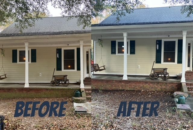 Before and after comparison of a house; the roof and siding are cleaned to remove dirt.