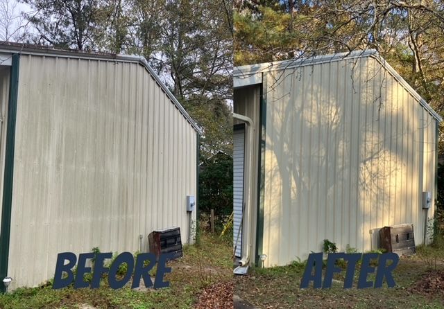 Comparison of a building's exterior: before and after cleaning. The building is beige with green trim and is set in a wooded area.