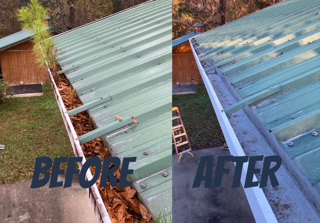 Before and after view of a roof gutter cleaning. The before shows leaves and debris; the after shows a clean gutter.