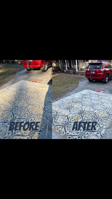 Before and after comparison of a patterned driveway, with a red SUV in the background. The “after” side is cleaner.