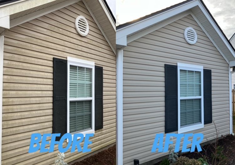 Before and after of a house's siding. The "before" is dingy, "after" is clean. Same window, vents, and trim.