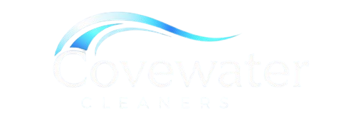 Logo for Covewater, featuring stylized blue and white wave. Text "covewater" below.