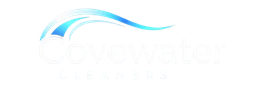 Logo for Covewater, featuring stylized blue and white wave. Text "covewater" below.