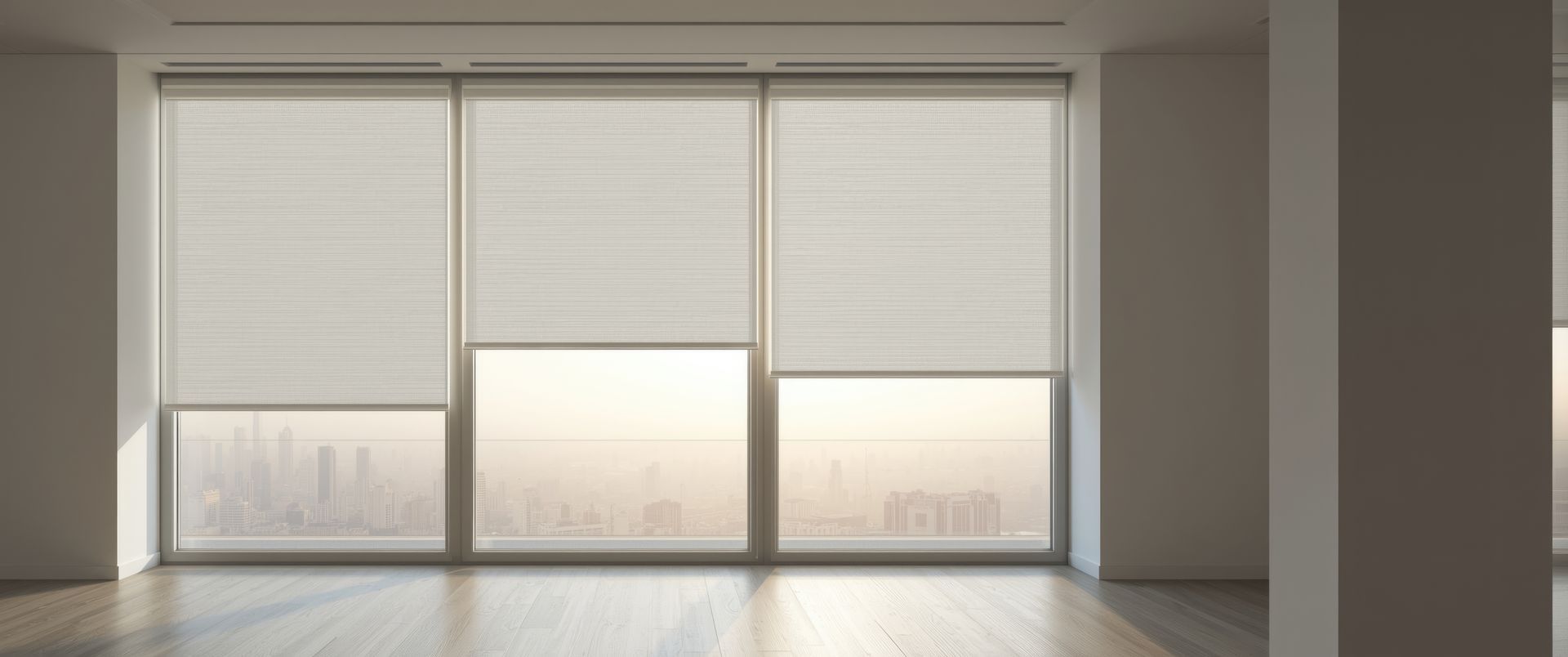 Patio chairs and table seen through vertical blinds, overlooking a lake and buildings.
