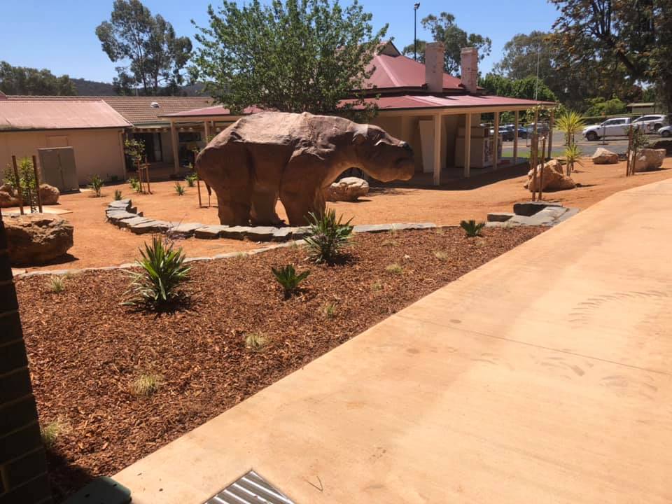 Commercial Landscaping With Hippopotamus Figure  and rock stepping stones for a child care centre in Dubbo, NSW