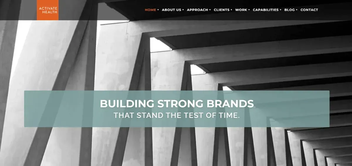 Website home page with copy and an image of a large column of concrete frames
