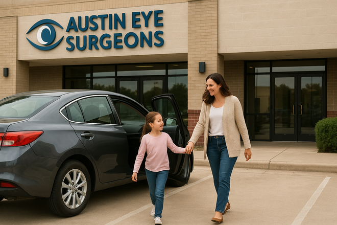 a woman and child exit a medical practice
