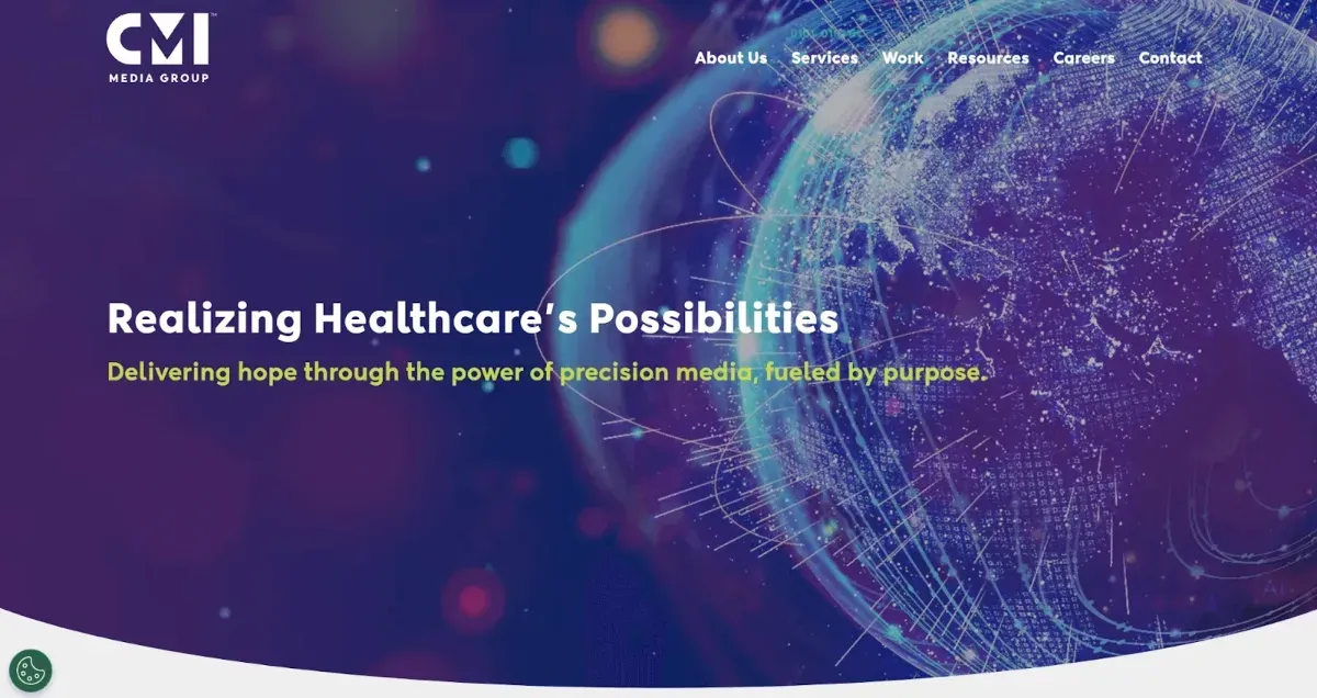 Website home page with copy and an image of earth