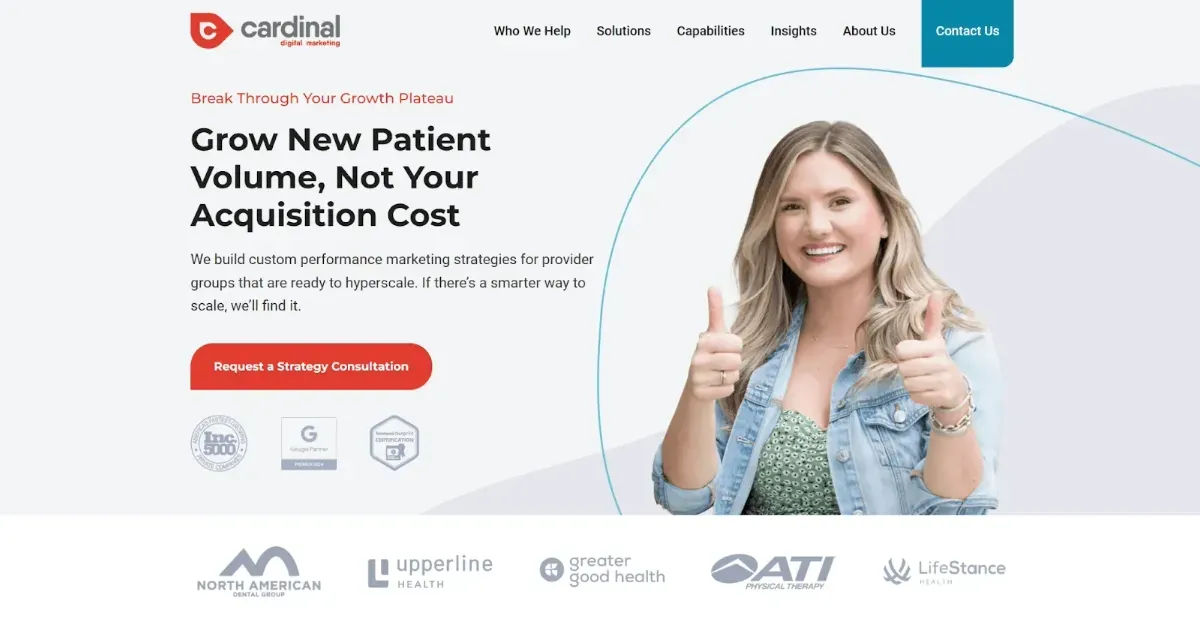 Website home page with copy and an image of a woman with two thumbs up