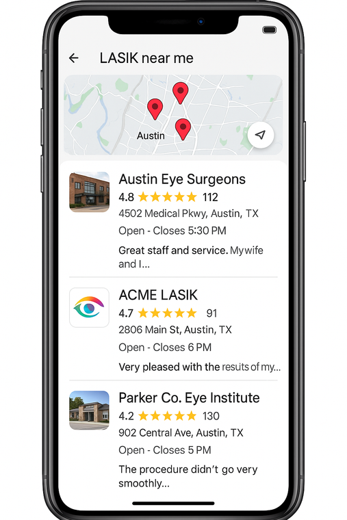 A Google Map Pack (3-Pack) result for LASIK eye surgeons in Austin, Texas.