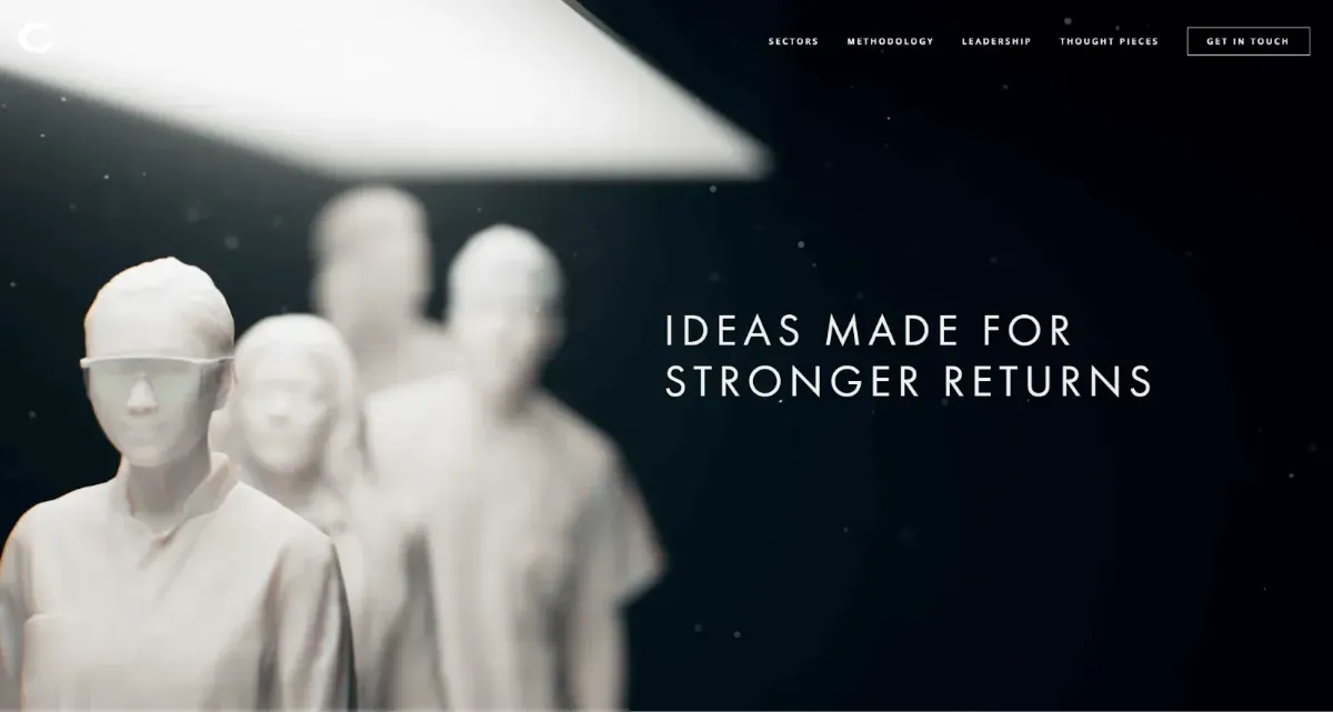 Website home page with copy and an image of four all-white human figurines in a line