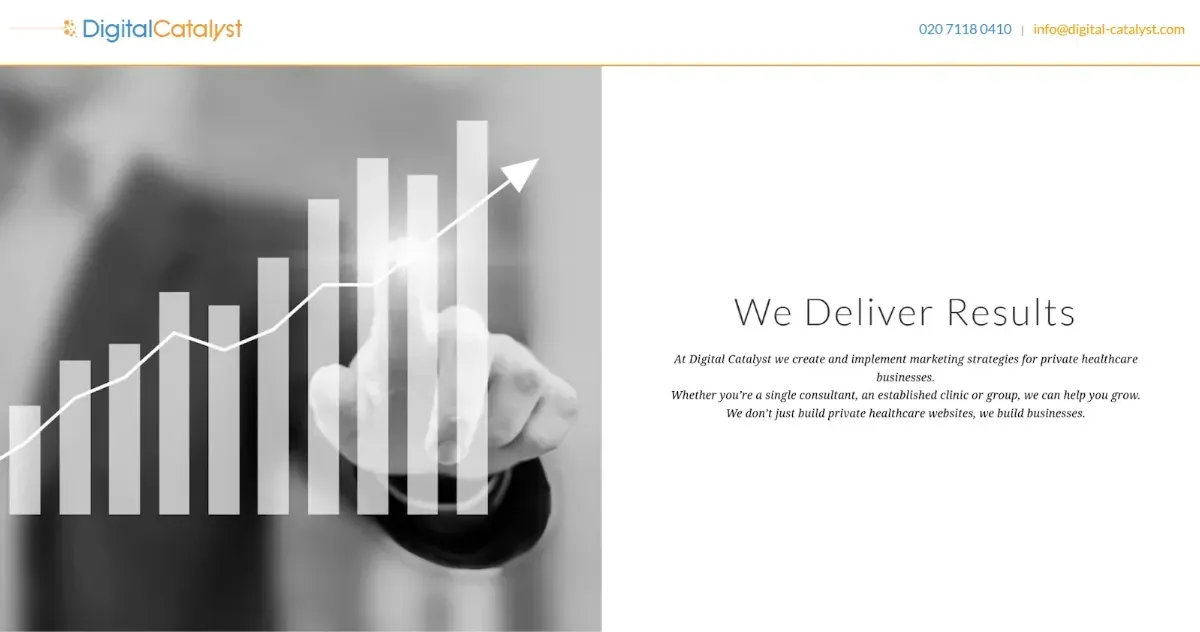 Website home page with copy and an image of a finger pointing at a graph trending upwards