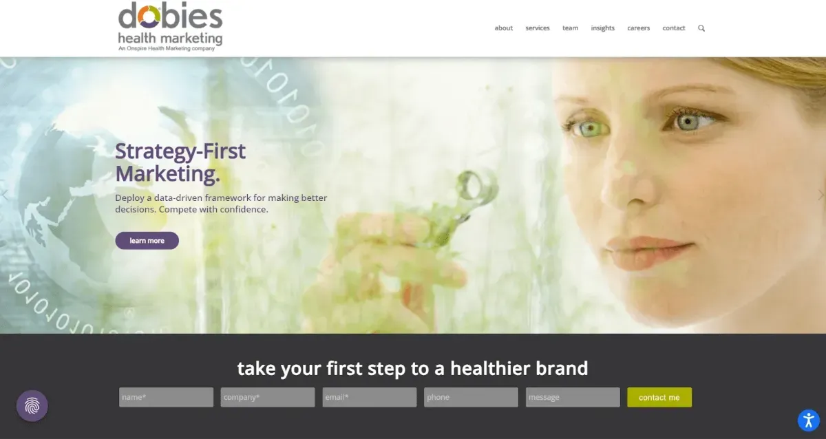 Website home page with copy and an image of a woman looking at a medical device