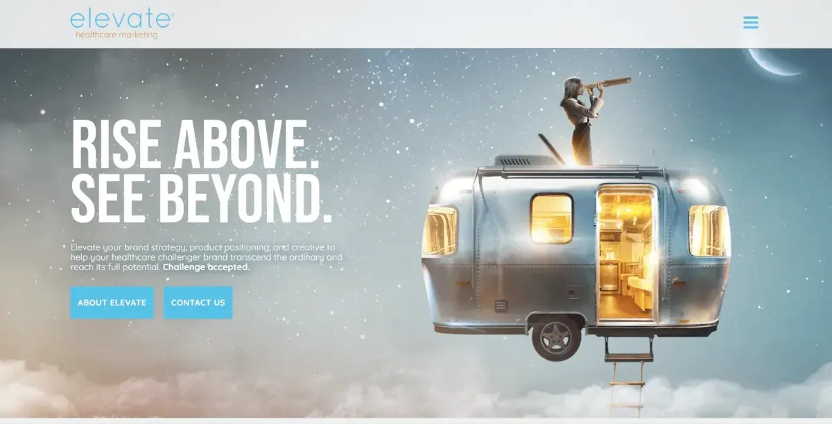 Website home page with copy and a woman looking through a telescope while on top of a silver camper that is floating on top of the clouds