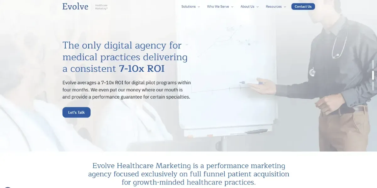 Website home page with copy and the image of a doctor teaching a group of doctors
