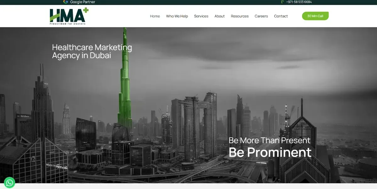 Website home page with copy and an image of the Dubai skyline