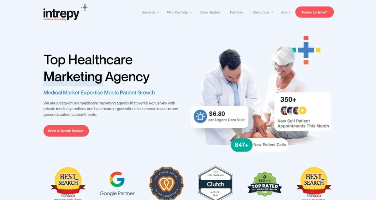 Website home page with copy and the image of a doctor checking a woman's knee