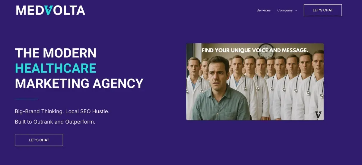 Website home page with copy and an image of a man with identical doctors behind him