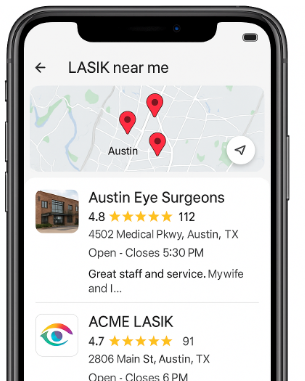 a phone with a Google Map Pack result on it