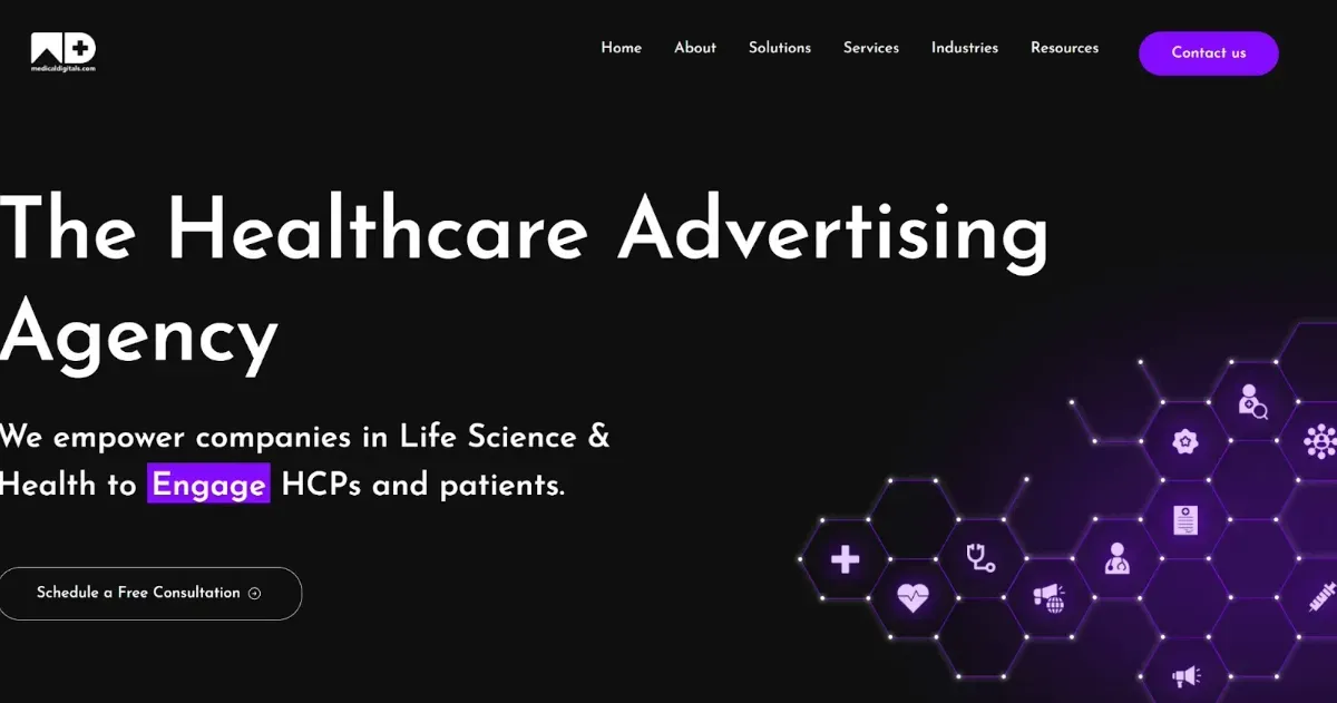 Website home page with copy and an image of connected pods with medical-related icons