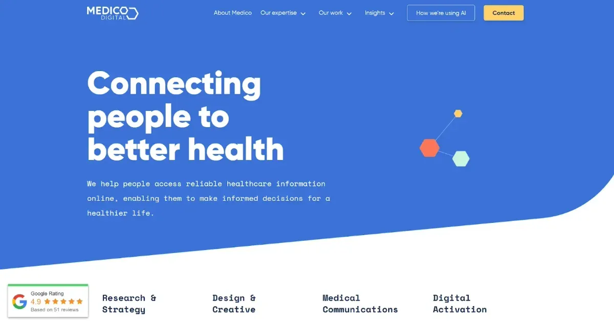 Website home page with copy and an image of three dots connecting