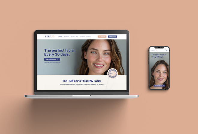 Laptop and mobile phone showing the same med spa website homepage. 