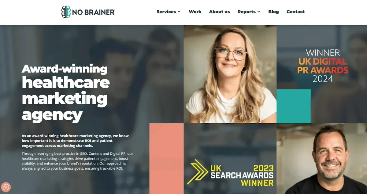 Website home page with copy and images of employees