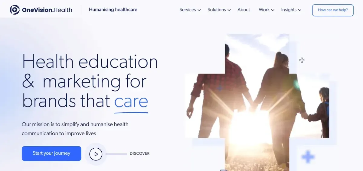 Website home page with copy and an image of a two parents holding hands with a child