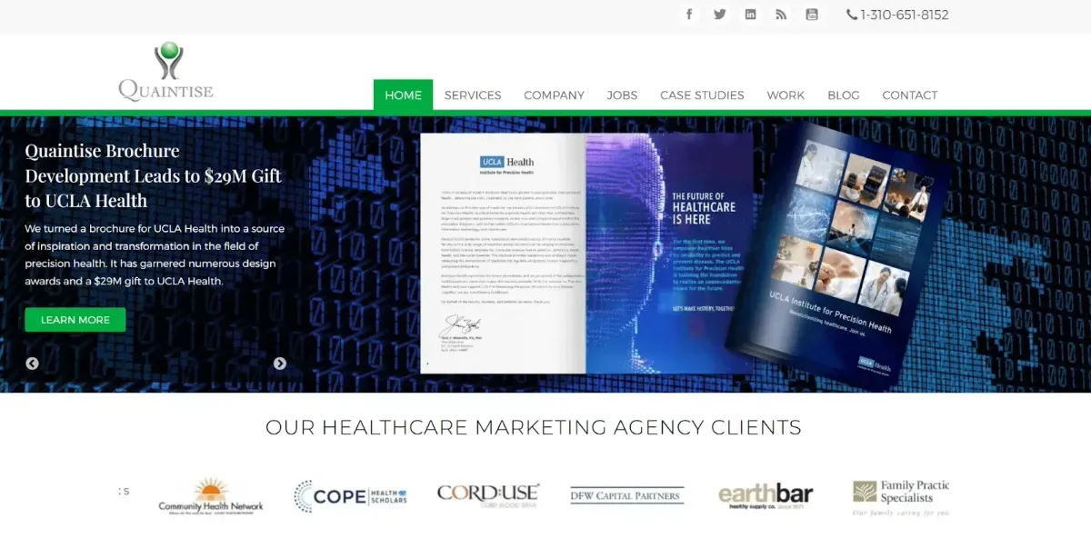 Website home page with copy and an image of an ebooklet about healthcare