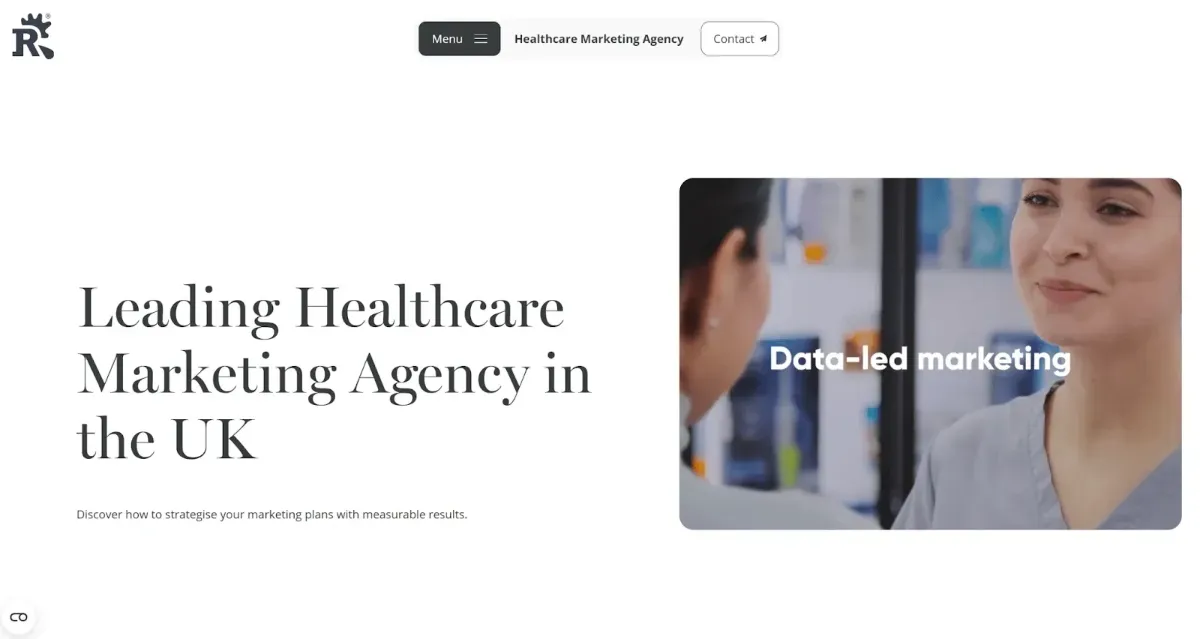 Website home page with copy and an image of a woman in scrubs talking to someone
