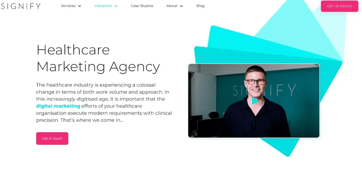 Website home page with copy and an image of a man wearing glasses