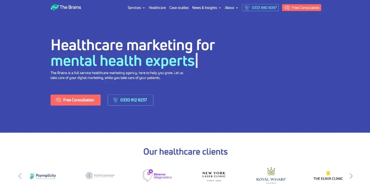 Website home page with copy and a purple and white background