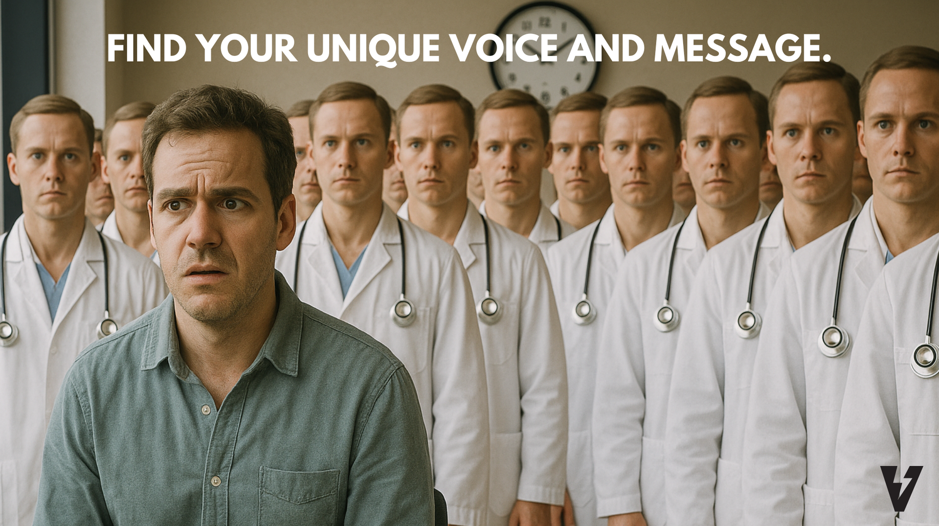 A man is standing in front of a row of doctors