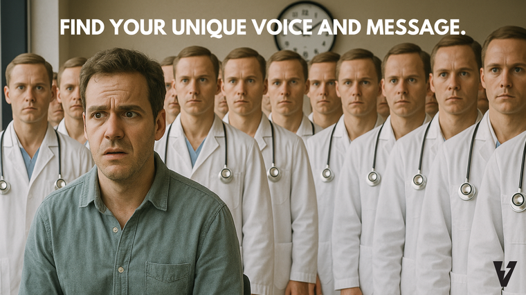 A man is standing in front of a row of doctors