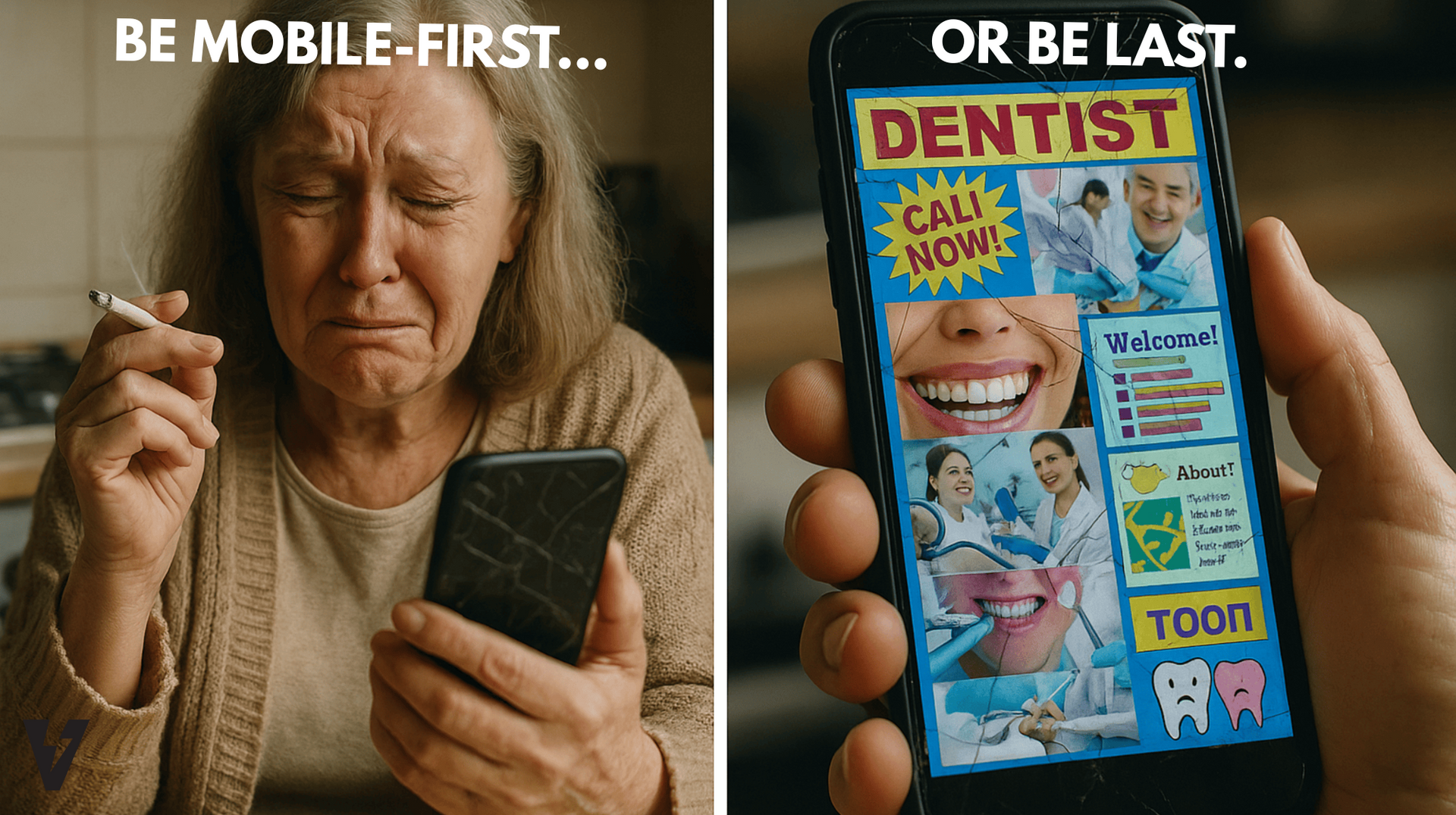An older woman smoking a cigarette looks at a dentist's website on her phone. 