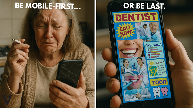An older woman smoking a cigarette looks at a dentist's website on her phone. 