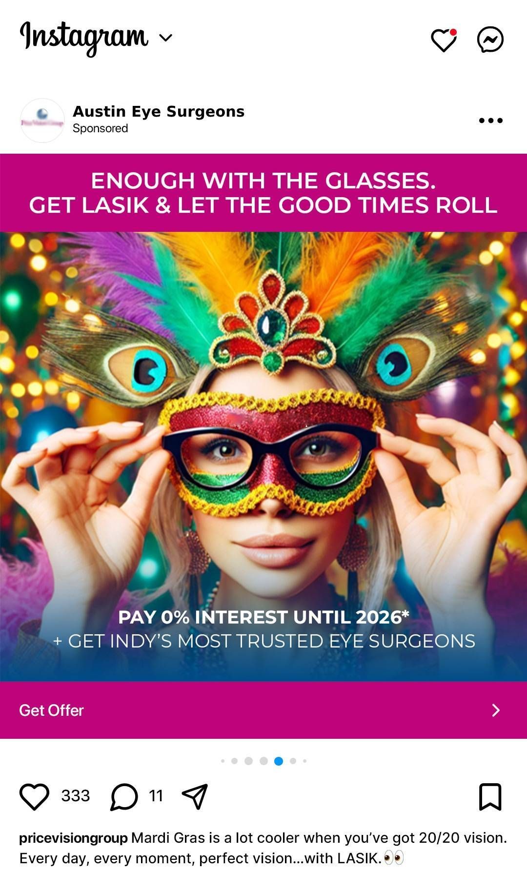 A woman is wearing a carnival mask and glasses.