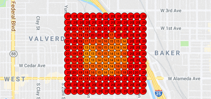 A map of a city with a red square in the middle.