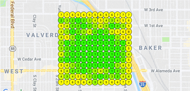 A map of a city with green circles on it
