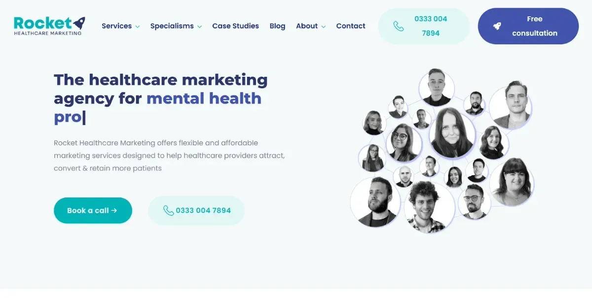 Website home page with copy and an image of a collection of headshots of people