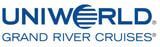 The logo for uniworld grand river cruises is blue and white.