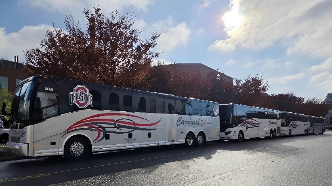 A row of buses parked for a group travel.