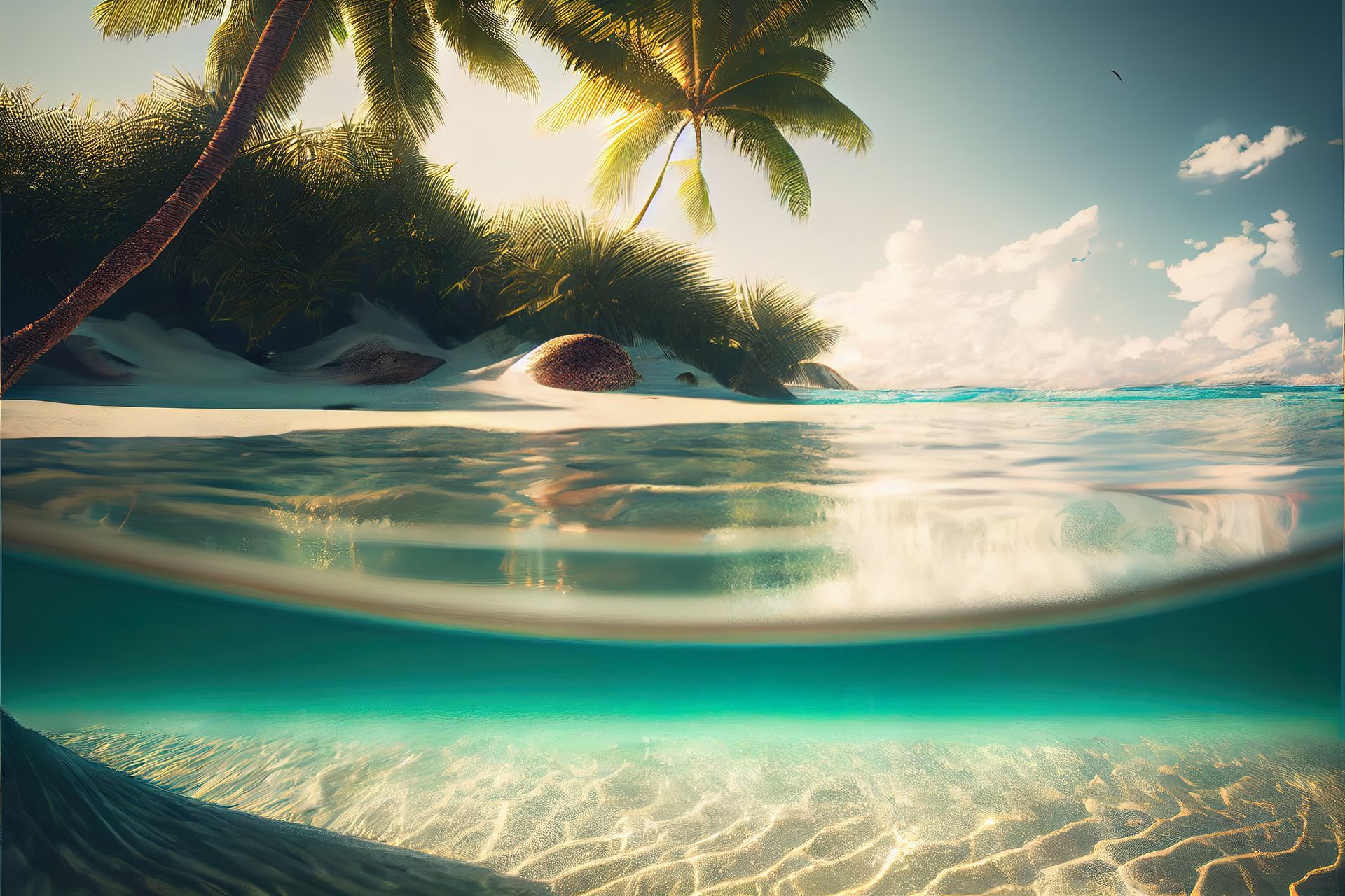A half underwater view of a tropical beach with palm trees.