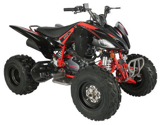 A black and red atv on a white background