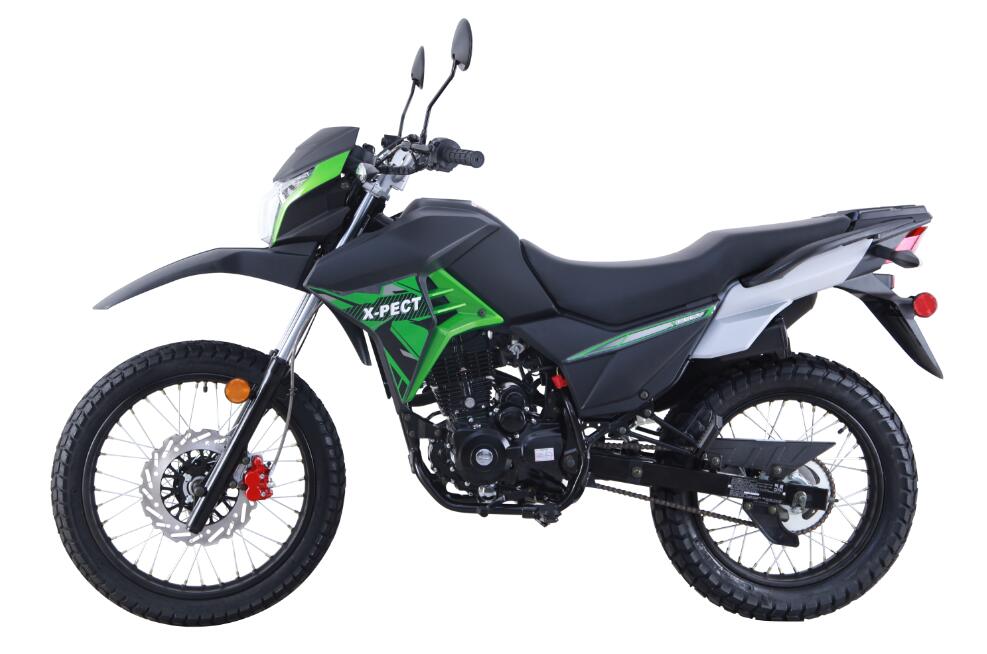 A black and green motorcycle with a disc brake on a white background.