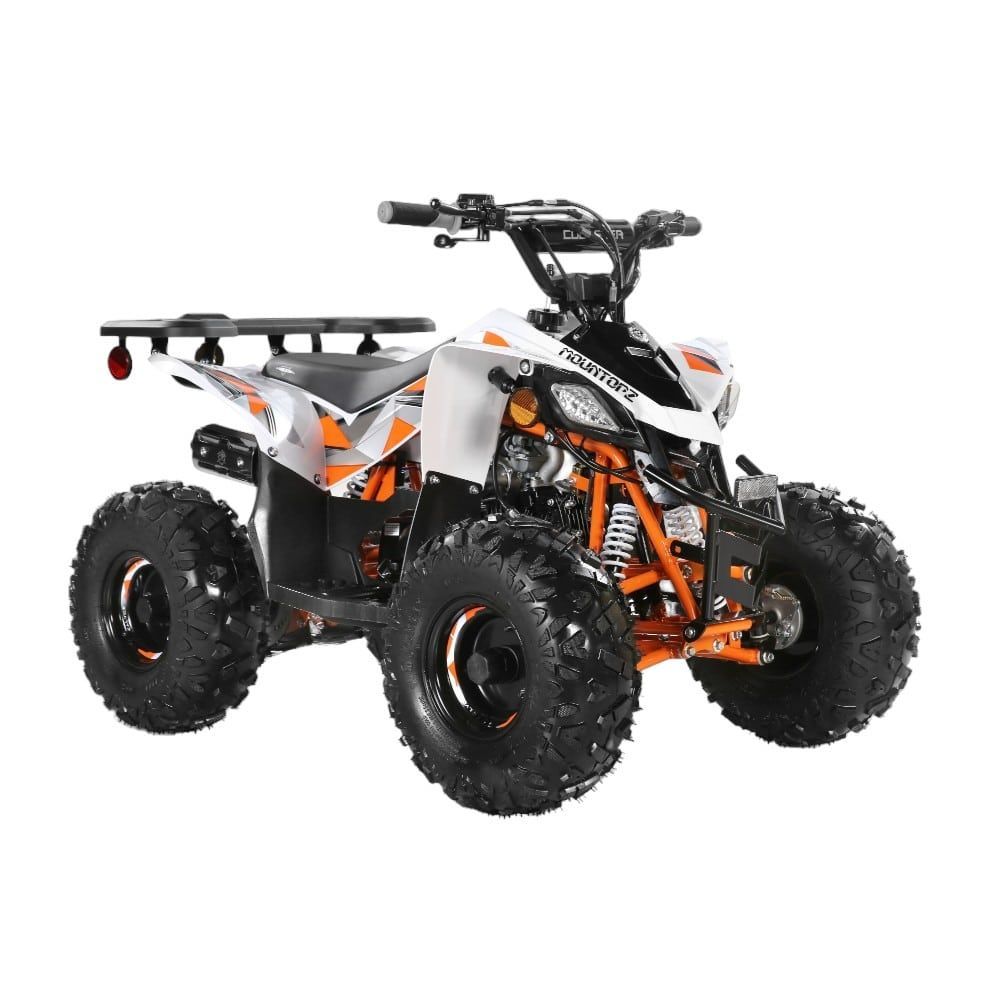 A blue atv with black wheels on a white background