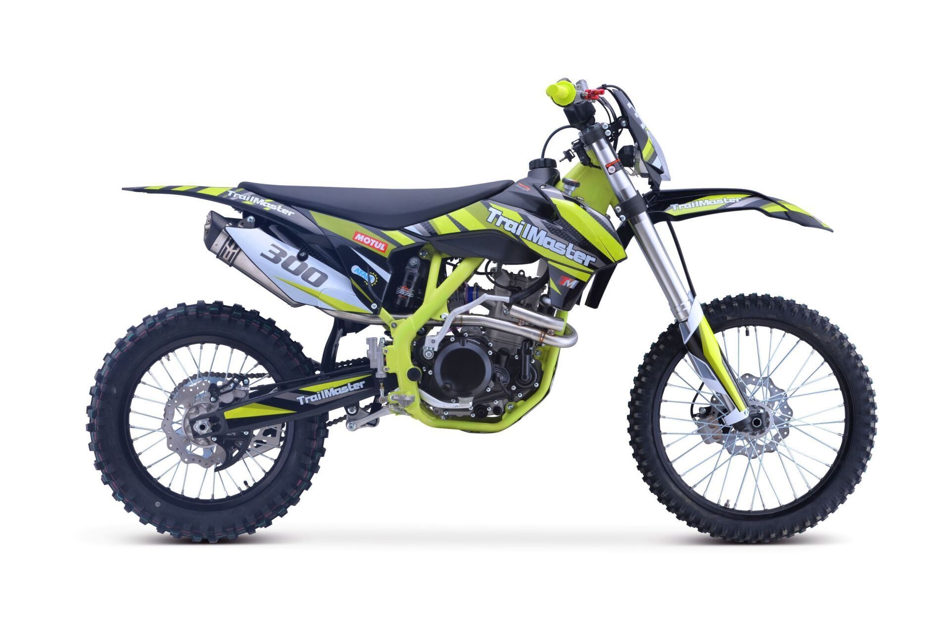 A yellow and black dirt bike on a white background.